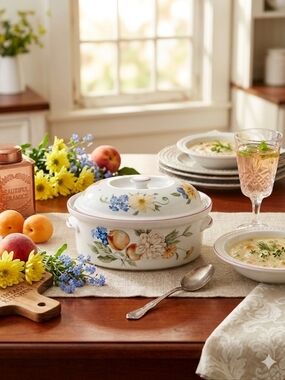 Royal Worcester Floral Fruit Ceramic Covered Casserole - White Pjus 4 Plates.